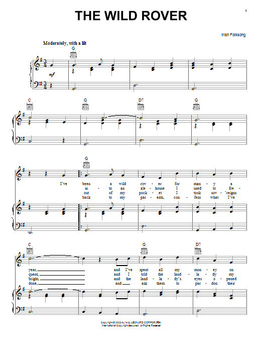 Irish Folksong Wild Rover sheet music notes and chords arranged for Piano, Vocal & Guitar Chords (Right-Hand Melody)