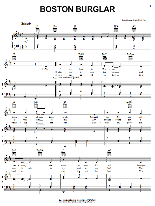 Irish Folksong Boston Burglar sheet music notes and chords arranged for Piano, Vocal & Guitar Chords (Right-Hand Melody)