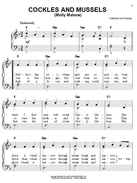 Irish Folksong Cockles And Mussels (Molly Malone) sheet music notes and chords arranged for Easy Piano