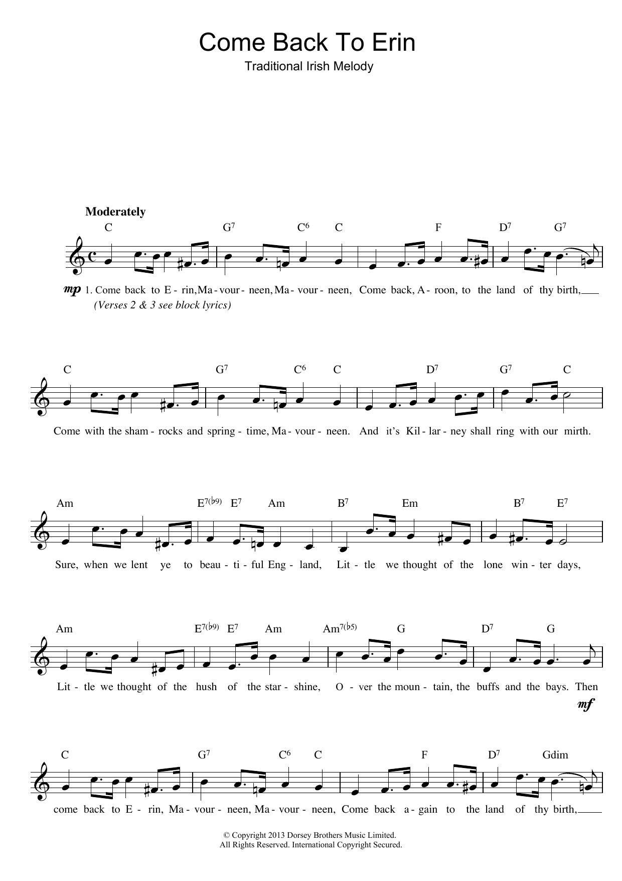 Irish Folksong Come Back To Erin sheet music notes and chords arranged for Piano, Vocal & Guitar Chords