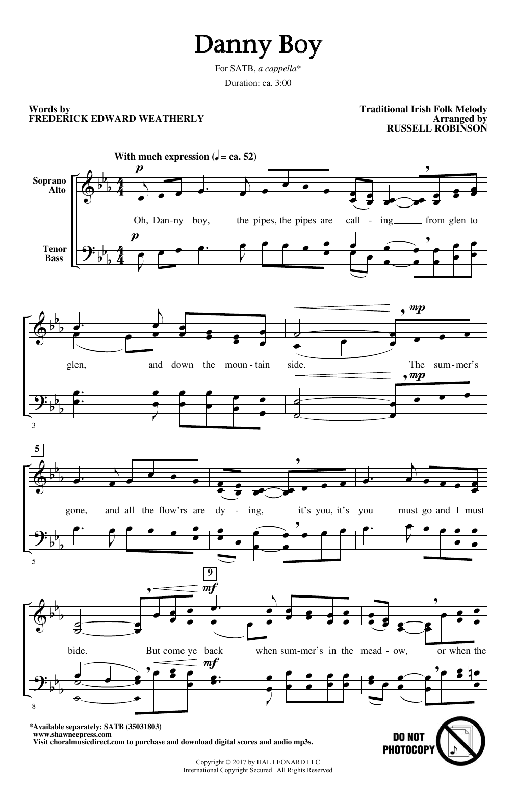 Irish Folksong Danny Boy (arr. Russell Robinson) sheet music notes and chords arranged for SATB Choir