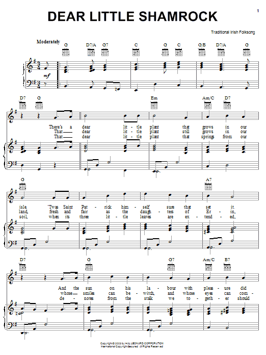 Irish Folksong Dear Little Shamrock sheet music notes and chords arranged for Piano, Vocal & Guitar Chords (Right-Hand Melody)