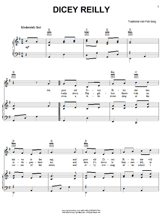 Irish Folksong Dicey Reilly sheet music notes and chords arranged for Piano, Vocal & Guitar Chords (Right-Hand Melody)