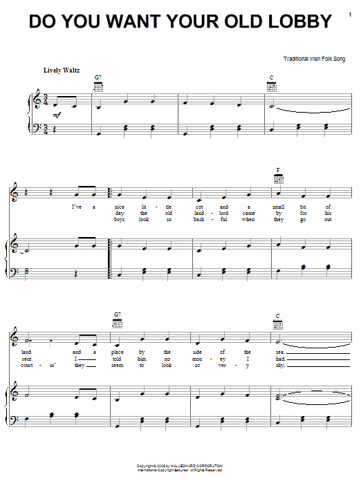 Irish Folksong Do You Want Your Old Lobby sheet music notes and chords arranged for Piano, Vocal & Guitar Chords (Right-Hand Melody)