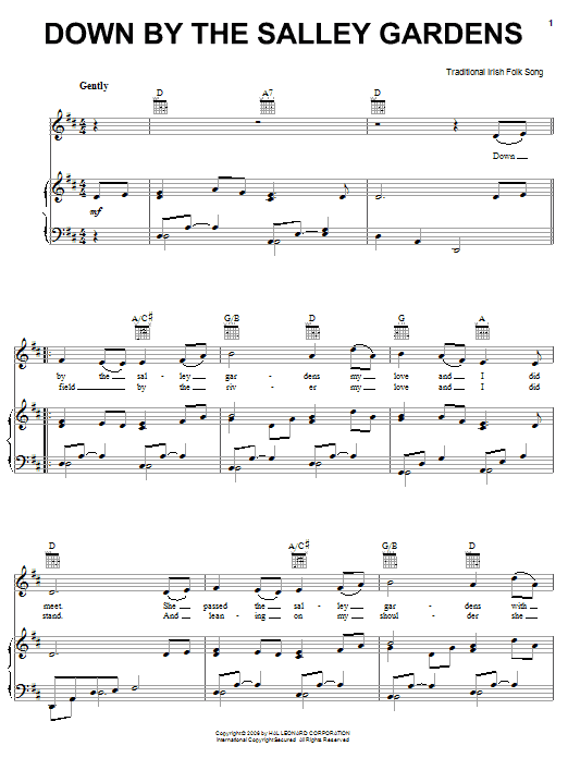 Irish Folksong Down By The Sally Gardens sheet music notes and chords arranged for Piano, Vocal & Guitar Chords (Right-Hand Melody)