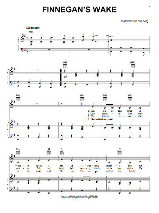 Irish Folksong Finnegan's Wake sheet music notes and chords arranged for Piano, Vocal & Guitar Chords (Right-Hand Melody)
