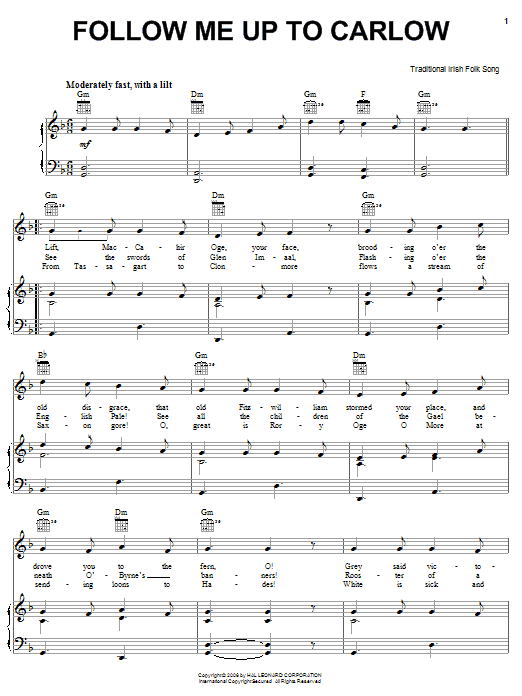 Irish Folksong Follow Me Up To Carlow sheet music notes and chords arranged for Piano, Vocal & Guitar Chords (Right-Hand Melody)