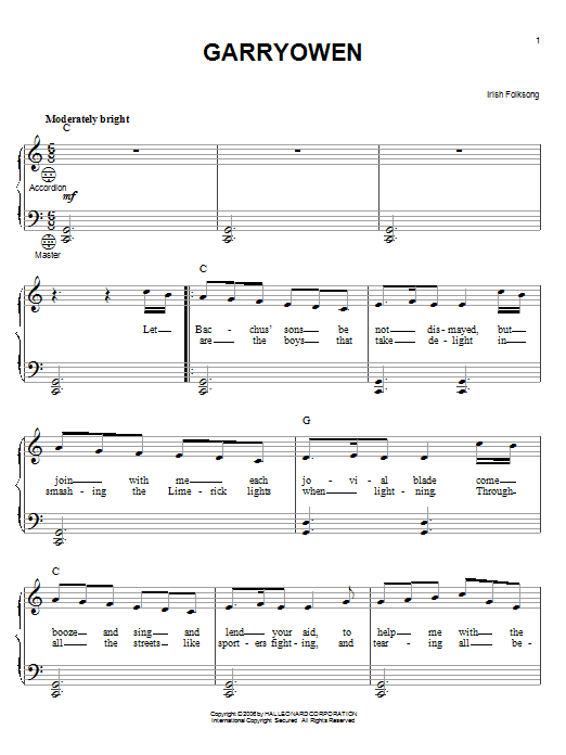 Irish Folksong Garryowen sheet music notes and chords arranged for Accordion