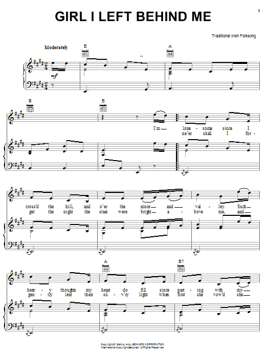 Irish Folksong Girl I Left Behind Me sheet music notes and chords arranged for Piano, Vocal & Guitar Chords (Right-Hand Melody)