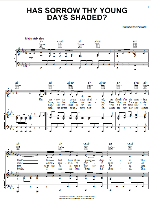 Irish Folksong Has Sorrow Thy Young Days Shaded? sheet music notes and chords arranged for Piano, Vocal & Guitar Chords (Right-Hand Melody)