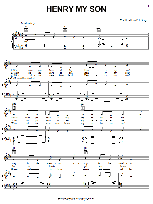 Irish Folksong Henry My Son sheet music notes and chords arranged for Piano, Vocal & Guitar Chords (Right-Hand Melody)