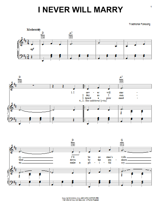 Irish Folksong I Never Will Marry sheet music notes and chords arranged for Piano, Vocal & Guitar Chords (Right-Hand Melody)