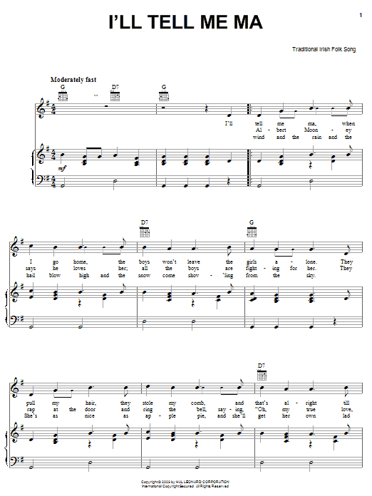 Irish Folksong I'll Tell Me Ma sheet music notes and chords arranged for Piano, Vocal & Guitar Chords (Right-Hand Melody)