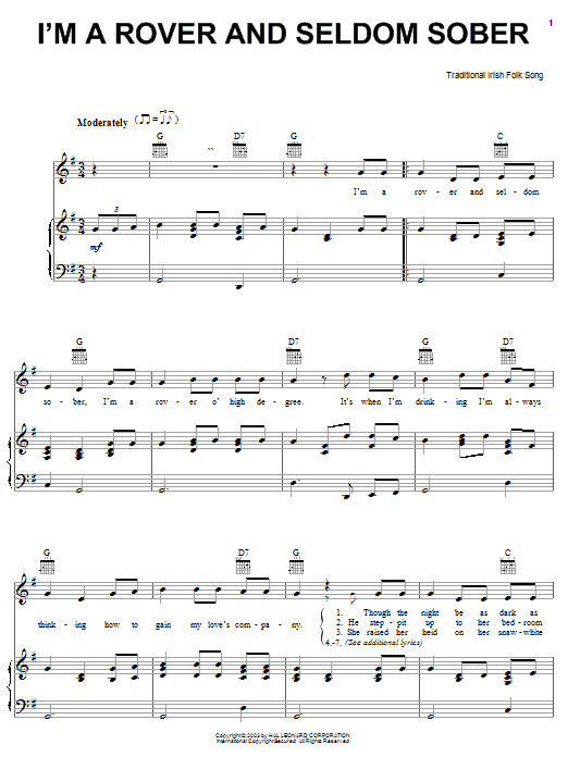 Irish Folksong I'm A Rover And Seldom Sober sheet music notes and chords arranged for Piano, Vocal & Guitar Chords (Right-Hand Melody)