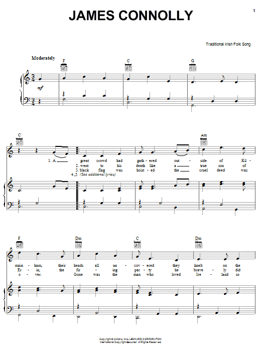 Irish Folksong James Connolly sheet music notes and chords arranged for Piano, Vocal & Guitar Chords (Right-Hand Melody)