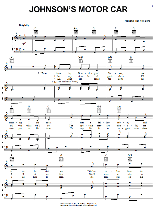 Irish Folksong Johnson's Motor Car sheet music notes and chords arranged for Piano, Vocal & Guitar Chords (Right-Hand Melody)