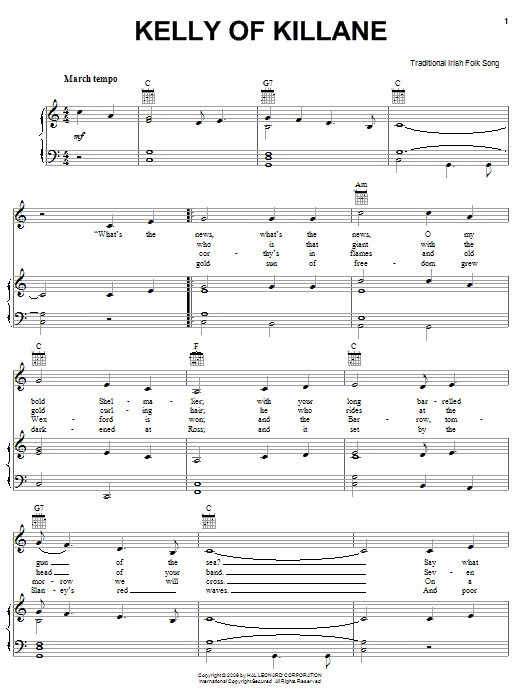 Irish Folksong Kelly Of Killane sheet music notes and chords arranged for Piano, Vocal & Guitar Chords (Right-Hand Melody)