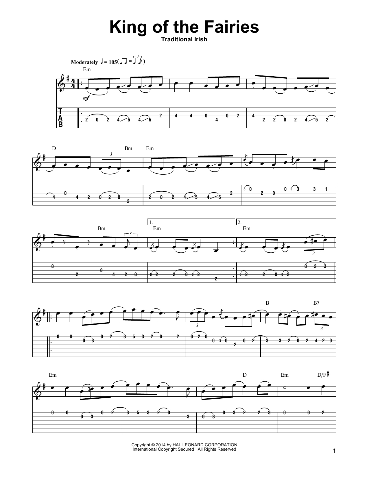 Irish Folksong King Of The Fairies sheet music notes and chords arranged for Guitar Tab (Single Guitar)