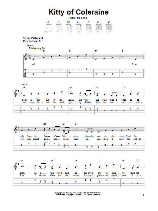 Irish Folksong Kitty Of Coleraine sheet music notes and chords arranged for Easy Guitar Tab
