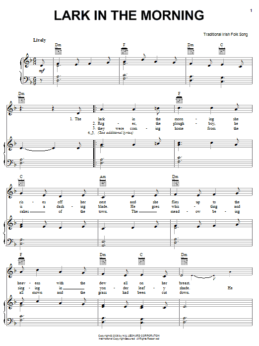 Irish Folksong Lark In The Morning sheet music notes and chords arranged for Piano, Vocal & Guitar Chords (Right-Hand Melody)