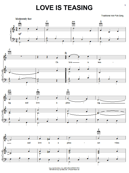 Irish Folksong Love Is Teasing sheet music notes and chords arranged for Piano, Vocal & Guitar Chords (Right-Hand Melody)