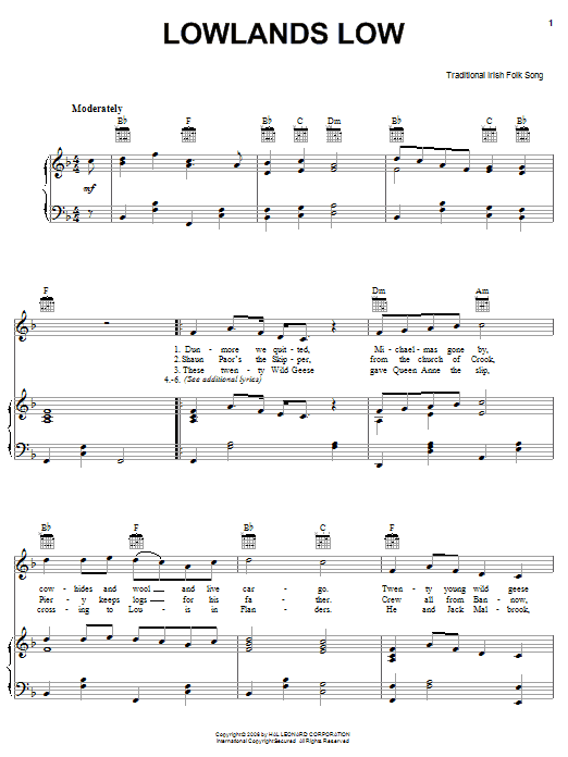 Irish Folksong Lowlands Low sheet music notes and chords arranged for Piano, Vocal & Guitar Chords (Right-Hand Melody)