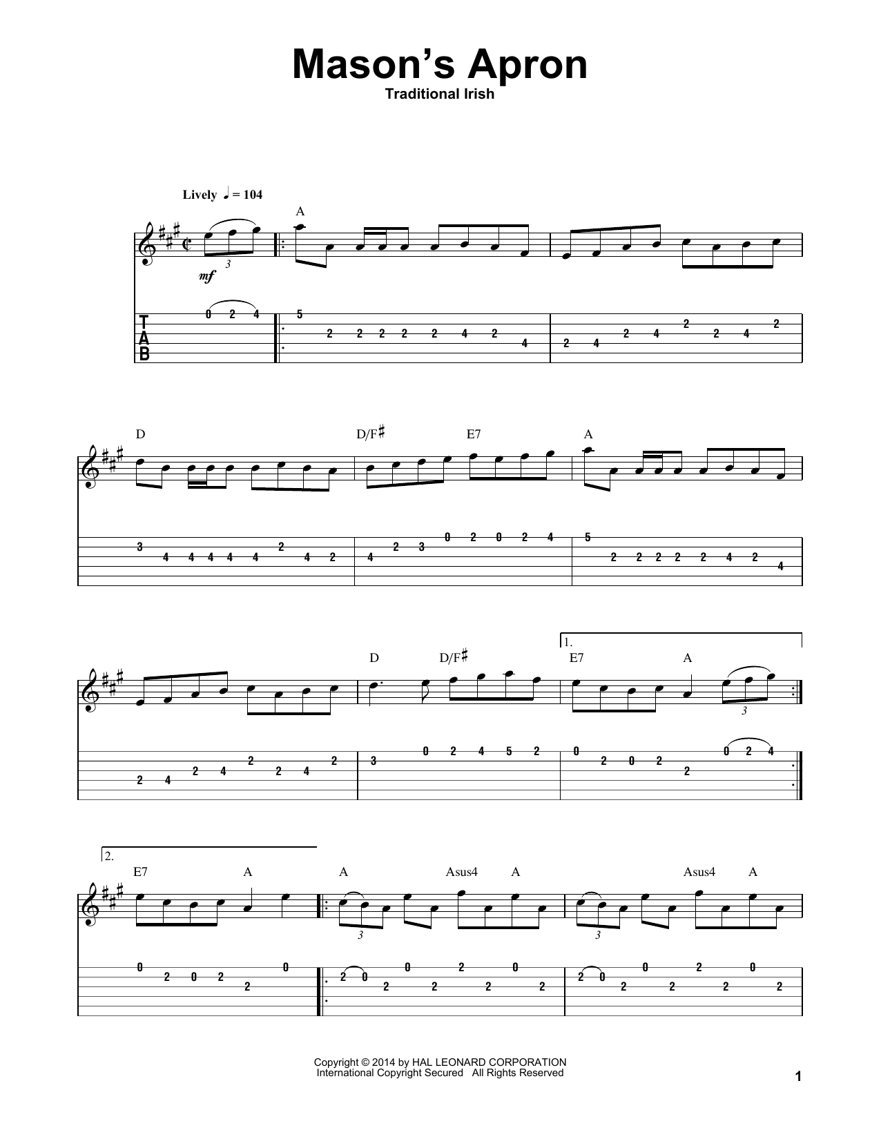 Irish Folksong Mason's Apron sheet music notes and chords arranged for Guitar Tab (Single Guitar)