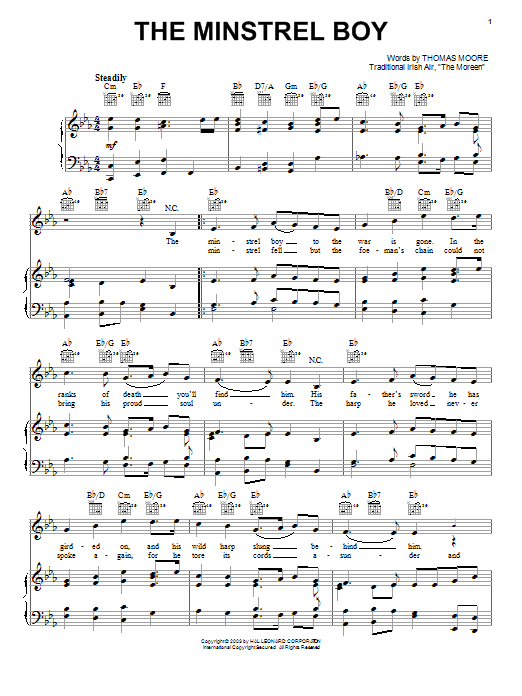 Irish Folksong Minstrel Boy sheet music notes and chords arranged for Piano, Vocal & Guitar Chords (Right-Hand Melody)