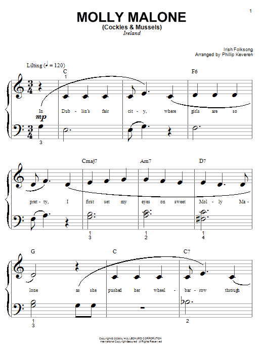 Irish Folksong Molly Malone (Cockles & Mussels) (arr. Phillip Keveren) sheet music notes and chords arranged for Easy Piano