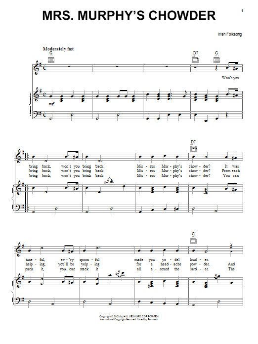 Irish Folksong Mrs. Murphy's Chowder sheet music notes and chords arranged for Guitar Chords/Lyrics