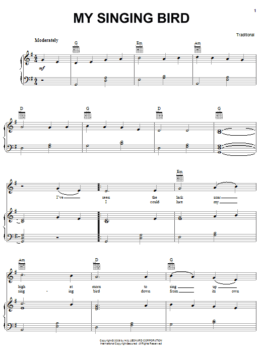 Irish Folksong My Singing Bird sheet music notes and chords arranged for Piano, Vocal & Guitar Chords (Right-Hand Melody)