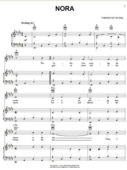 Irish Folksong Nora sheet music notes and chords arranged for Piano, Vocal & Guitar Chords (Right-Hand Melody)