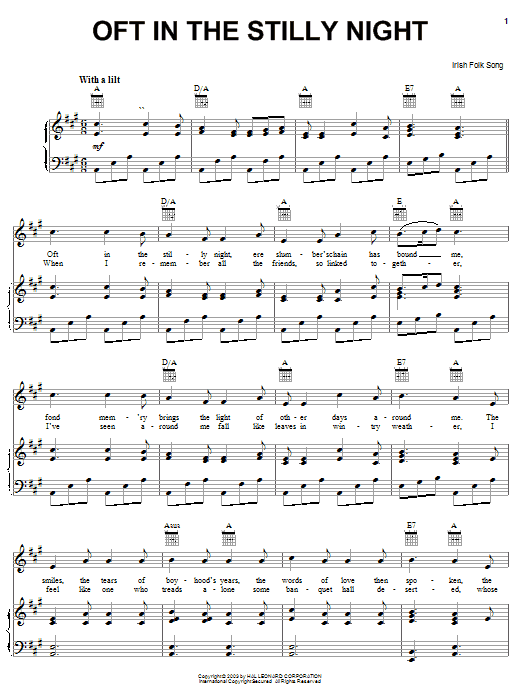 Irish Folksong Oft In The Stilly Night sheet music notes and chords arranged for Piano, Vocal & Guitar Chords (Right-Hand Melody)
