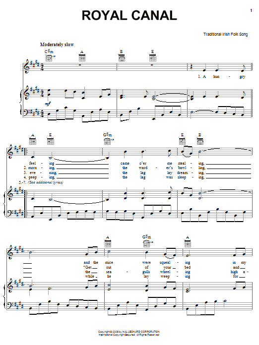Irish Folksong Royal Canal sheet music notes and chords arranged for Piano, Vocal & Guitar Chords (Right-Hand Melody)