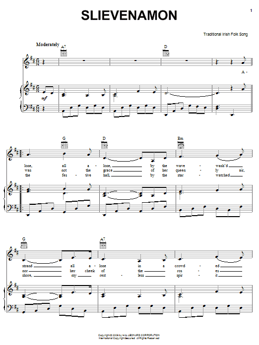 Irish Folksong Slievenamon sheet music notes and chords arranged for Piano, Vocal & Guitar Chords (Right-Hand Melody)