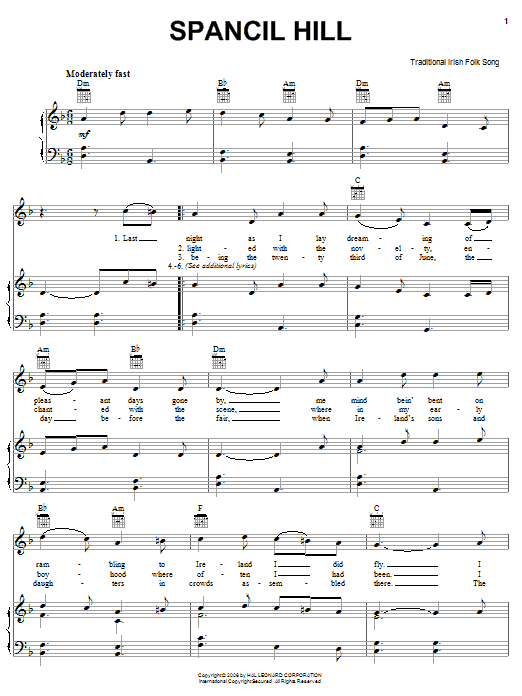 Irish Folksong Spancil Hill sheet music notes and chords arranged for Piano, Vocal & Guitar Chords (Right-Hand Melody)