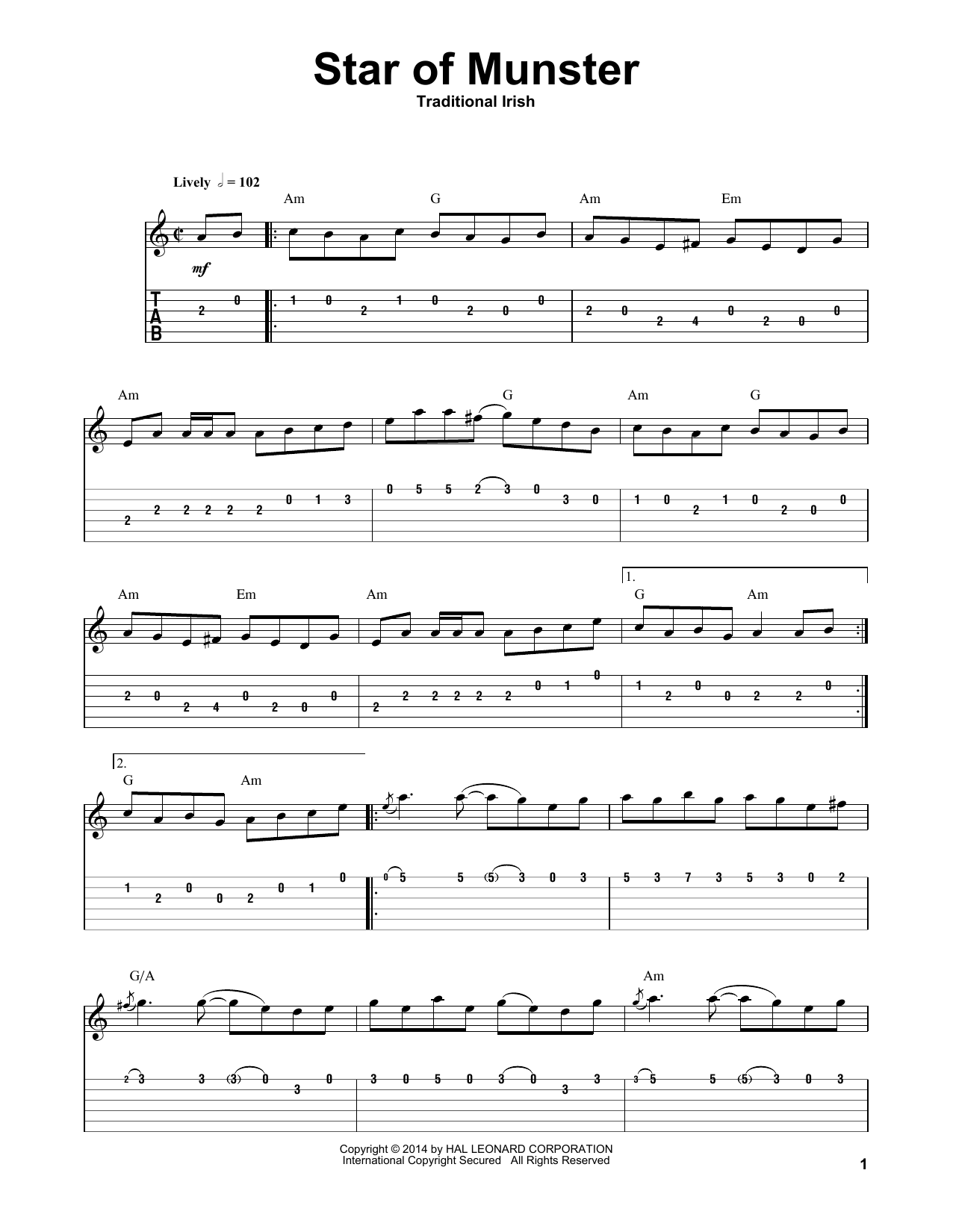 Irish Folksong Star Of Munster sheet music notes and chords arranged for Guitar Tab (Single Guitar)