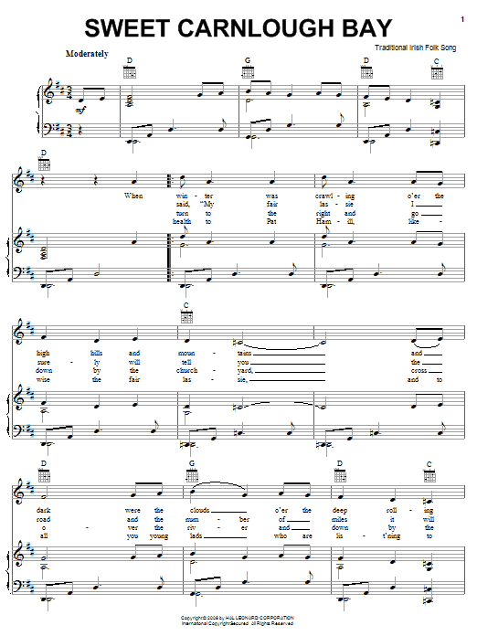 Irish Folksong Sweet Carnloch Bay sheet music notes and chords arranged for Piano, Vocal & Guitar Chords (Right-Hand Melody)