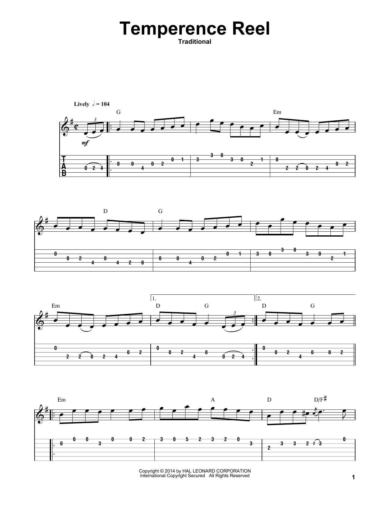 Irish Folksong Temperence Reel (Temperance Reel) sheet music notes and chords arranged for Guitar Tab (Single Guitar)