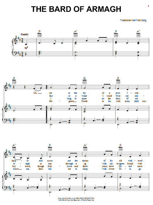 Irish Folksong The Bard Of Armagh sheet music notes and chords arranged for Piano, Vocal & Guitar Chords (Right-Hand Melody)