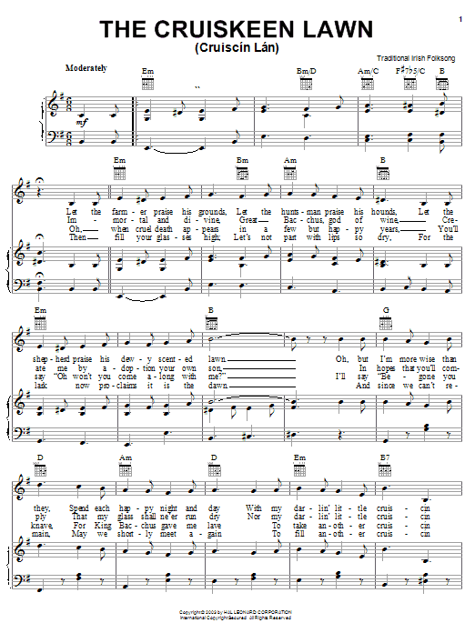 Irish Folksong The Cruiskeen Lawn (Cruiscin Lan) sheet music notes and chords arranged for Piano, Vocal & Guitar Chords (Right-Hand Melody)