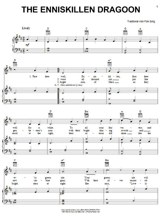Irish Folksong The Enniskillen Dragoon sheet music notes and chords arranged for Piano, Vocal & Guitar Chords (Right-Hand Melody)