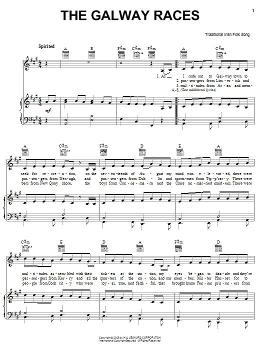 Irish Folksong The Galway Races sheet music notes and chords arranged for Piano, Vocal & Guitar Chords (Right-Hand Melody)