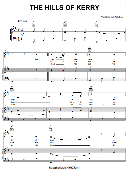 Irish Folksong The Hills Of Kerry sheet music notes and chords arranged for Piano, Vocal & Guitar Chords (Right-Hand Melody)