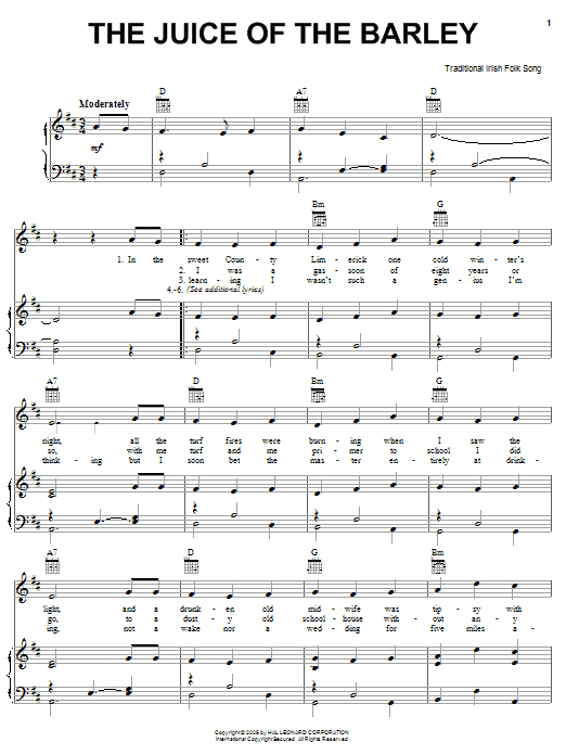 Irish Folksong The Juice Of The Barley sheet music notes and chords arranged for Piano, Vocal & Guitar Chords (Right-Hand Melody)