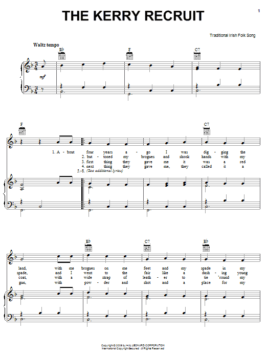 Irish Folksong The Kerry Recruit sheet music notes and chords arranged for Piano, Vocal & Guitar Chords (Right-Hand Melody)