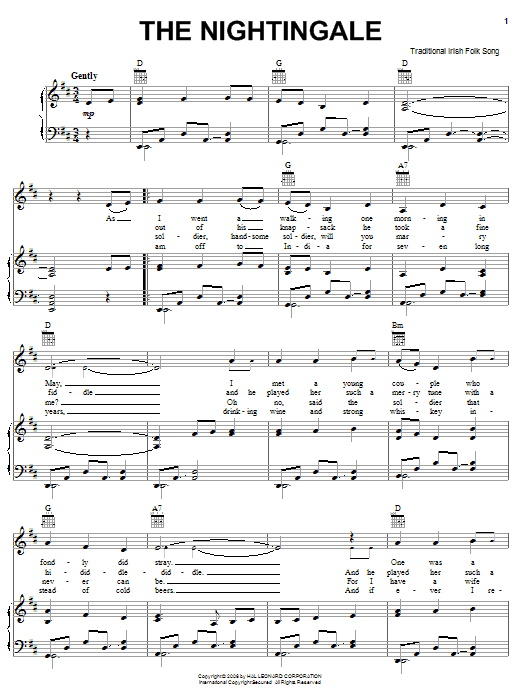 Irish Folksong The Nightingale sheet music notes and chords arranged for Piano, Vocal & Guitar Chords (Right-Hand Melody)
