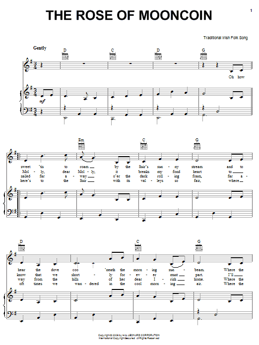 Irish Folksong The Rose Of Mooncoin sheet music notes and chords arranged for Piano, Vocal & Guitar Chords (Right-Hand Melody)