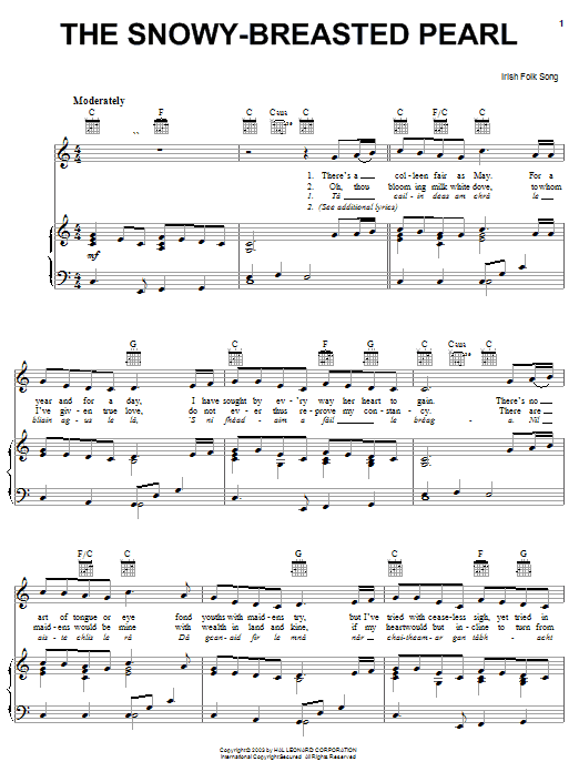 Irish Folksong The Snowy-Breasted Pearl sheet music notes and chords arranged for Piano, Vocal & Guitar Chords (Right-Hand Melody)