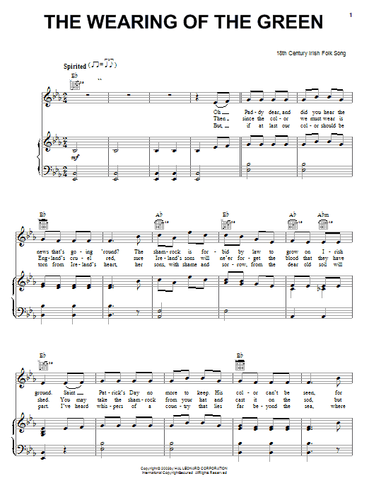 Irish Folksong The Wearing Of The Green sheet music notes and chords arranged for Piano, Vocal & Guitar Chords (Right-Hand Melody)